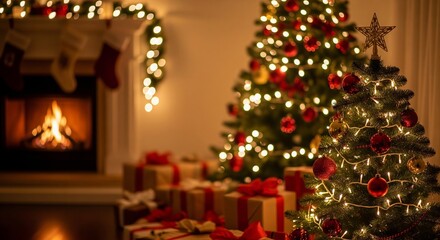 Cozy and festive Christmas interior with beautifully decorated trees, sparkling lights, and an abundance of wrapped gifts, creating a warm holiday ambiance by a glowing fireplace