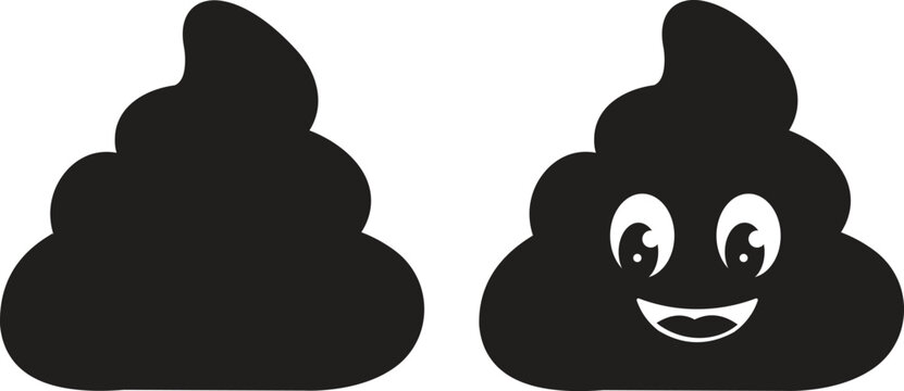 Funny poop silhouette icon set. Black pile of poo emoji with a big smile and big eyes, presenting a cheerful and humorous concept isolated on transparent background. Vector illustration.