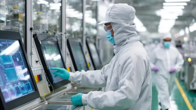 薄グレー差し色と二重手袋で装置パネルを操作する男性