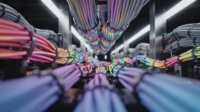 Colorful network cables organized in datacenter. Rainbow colored ethernet patch cords bundled and secured at server infrastructure facility. Modern telecommunications wiring