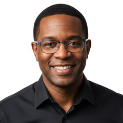 Smiling black man wearing glasses and black shirt isolated on transparent background