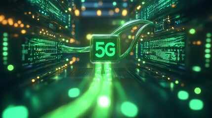 An interactive visualization of a 5G network with glowing data streams and striking digital effects