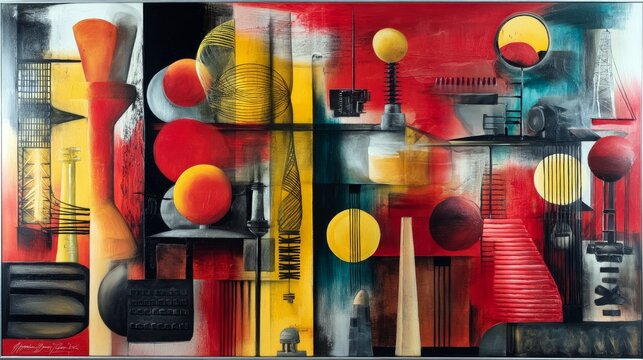 A vibrant abstract painting with geometric shapes, spheres, cones, and linear elements in a bold color palette of red, yellow, black, and teal.