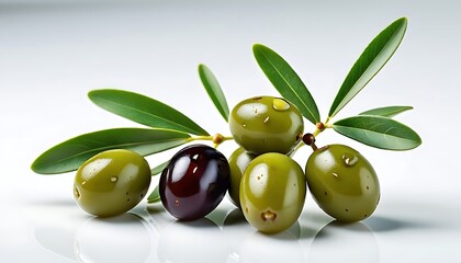Fresh olives on a branch. Minimalistic still life in natural greenery, representing Mediterranean cuisine and healthy eating on a pure white background