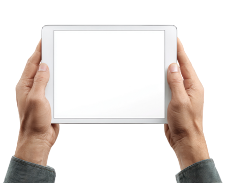 Close-up of hands holding a blank white tablet