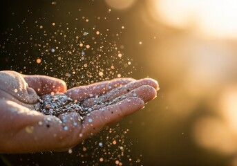 Close-up of a hand releasing colorful glitter into the air. Magical sparkling dust particles shining in the warm golden hour light