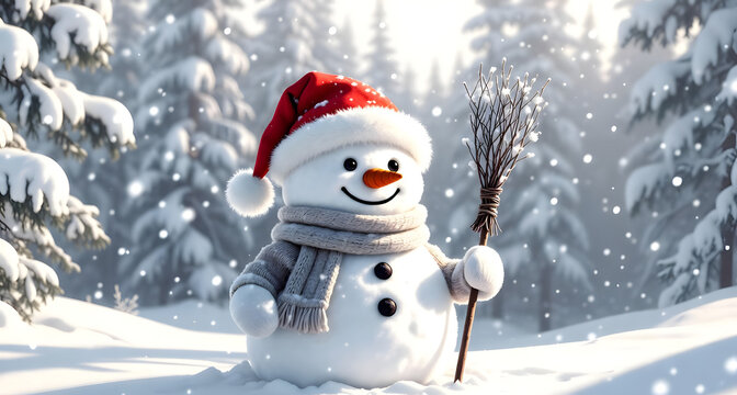 Cheerful snowman spreads winter joy beneath snowy pines, celebrating the magical beauty of Christmas and togetherness.