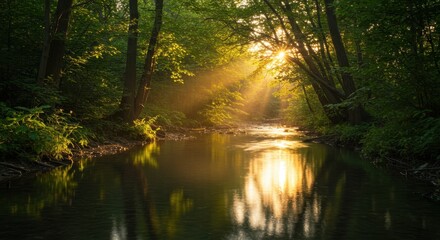 Fototapeta premium Brilliant sunbeams pierce the dense forest canopy illuminating a calm flowing stream