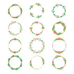 Christmas Wreath Frames with Greenery, Berries, and Ribbons for Holiday Decor Illustration Collection