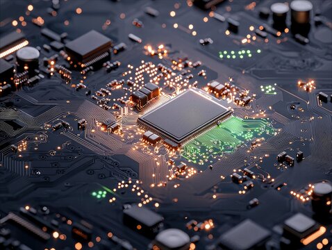 A detailed view of a dark printed circuit board (PCB) featuring a prominent central processor chip and numerous other electronic components, with glowing orange