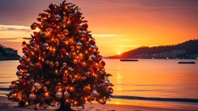 Beautiful Christmas Tree Decorated With Lights on the Beach at Sunset
