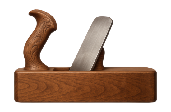 Classic wooden jointer plane with a carved handle, ideal for artisan workshops.