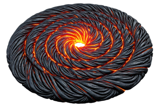 Twisted volcanic rock spiral with glowing hot lava core isolated on transparent background