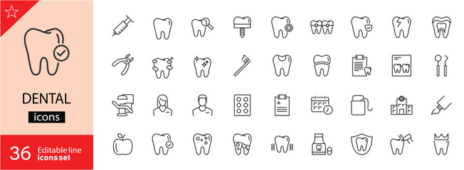 Dental icons set. Includes symbols of teeth, toothbrushes, dental tools, oral hygiene, braces, and dental care. Editable stroke. Vector illustration. Outline icons. Perfect for healthcare, dentistry.
