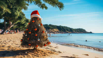 Fototapeta premium Unique Christmas Tree Celebrates the Holiday on a Sunny Beach With Clear Blue Water and Sunny Skies