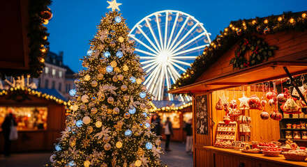 Illuminated Christmas tree with ornament, star and string light at festive outdoor market, representing holiday spirit and winter season atmosphere