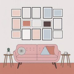 Minimalist living room with pink sofa and gallery wall 