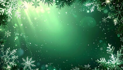 Marco decorativo verde de copos de nieve blancos alrededor de todo el borde, con diferentes tamaños y diseños, creando un efecto helado y festivo. Pequeñas partículas de nieve dispersas por el fondo.	