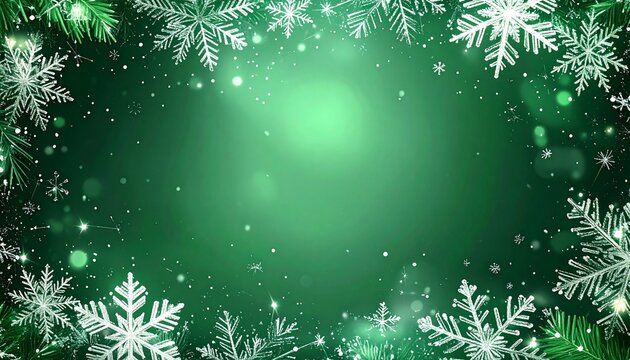 Marco decorativo verde de copos de nieve blancos alrededor de todo el borde, con diferentes tama&ntilde;os y dise&ntilde;os, creando un efecto helado y festivo. Peque&ntilde;as part&iacute;culas de nieve dispersas por el fondo.	