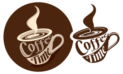 Coffee time logo design. simple lettering coffee cup and smoke chat combination with typography style concept