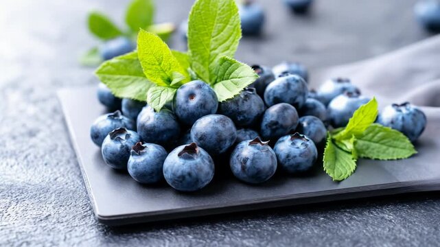Fresh blueberries and green mint leaves on a dark background healthy eating concept