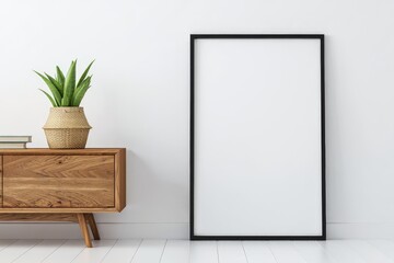 Modern Living Room Interior with Empty Frame and Potted Plant