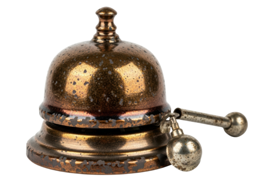 Vintage bronze hotel service bell with a worn speckled finish isolated on transparent background