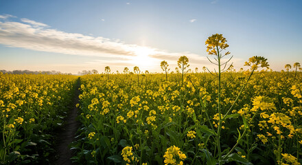 Beautiful yellow canola field landscape at sunrise with blue sky and clouds for agriculture farming