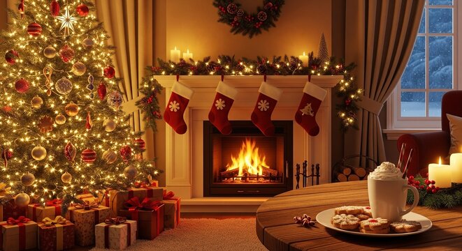 Cozy Christmas living room scene, brightly lit tree, crackling fireplace with stockings, and festive decor creating a warm, inviting atmosphere for holiday celebrations and winter joy