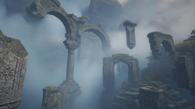 Overgrown ancient stone ruins with moss and vines shrouded in atmospheric mist Keywords: ancient, ruins, overgrown, moss, vines