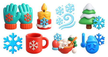 Fototapeta premium PNG Winter-themed 3D icon set, element set on transparent background