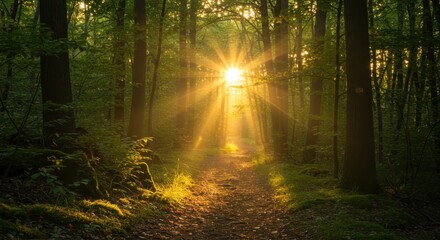 Obraz premium Brilliant sun rays illuminate a secluded dirt path winding through a dense, green forest