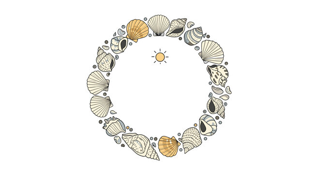 Round summer holiday frame made from a collection of different seashells with a sun symbol.