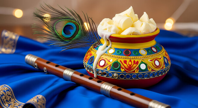 Krishna janmashtami celebration with butter pot flute and peacock feather hindu festival decoration - Powered by Adobe