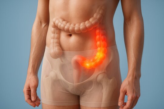 3D medical anatomical front view of lower abdomen showing colitis with vivid red-to-yellow inflamed segments of descending and sigmoid colon, clinical visualization large intestine inflammation.