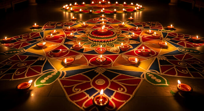 Diwali rangoli designs with diyas and candles for indian hindu festival of lights celebration