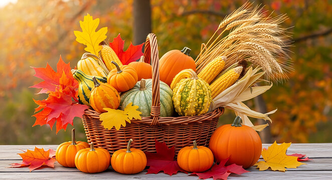 Fall harvest basket with pumpkins gourds corn and autumn leaves for thanksgiving and halloween decor