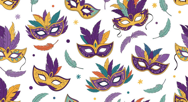 A seamless pattern of masquerade masks feathers and confetti sets a vibrant tone for carnivals and parties.
