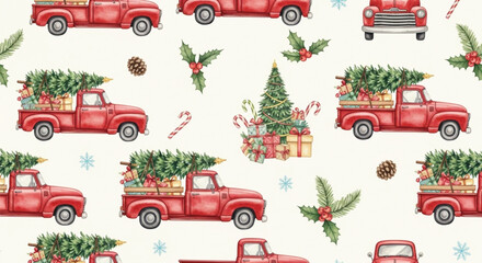 Vintage Red Truck Christmas Seamless Pattern with Tree and Gifts Watercolor Illustration