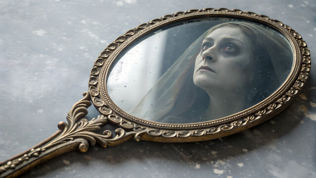 Haunted antique hand mirror with a ghost's face
 - Powered by Adobe