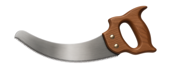 Curved blade hand saw with wooden handle for woodworking projects.