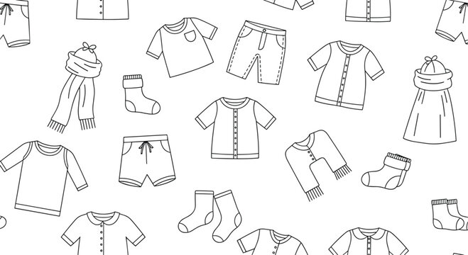 Seamless black and white pattern featuring various items of outlined clothing for children and adults.