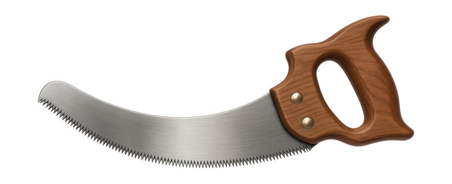Curved blade hand saw with wooden handle for woodworking projects.
