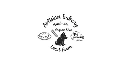 Artisan bakery, pet grooming, and organic shop logo concept. Rustic design with a dog silhouette for local farm handmade goods