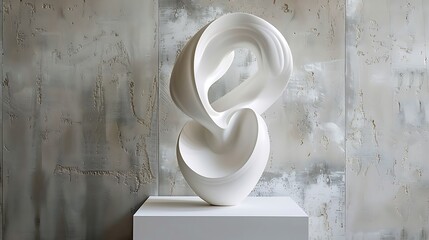 Striking white abstract sculpture showcases two interconnected, gracefully rounded forms, elevated on a bright pedestal