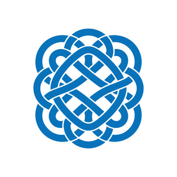 Intricate blue Celtic knot pattern on white background 