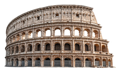 Fototapeta premium Exterior view of a large ancient amphitheater. Stone facade with arches and rows of windows. Light beige/tan color