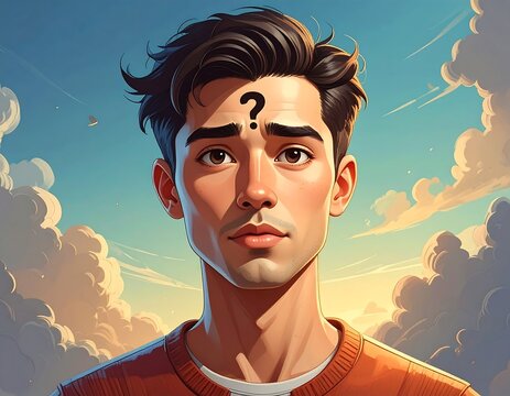 Young man with question mark on forehead ponders thoughtfully.
