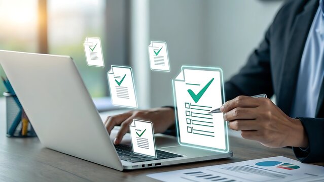 Businessman checking off tasks on a digital checklist on a laptop