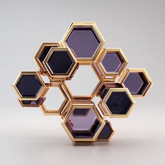 Stunning 3D render of interconnected golden hexagons with shimmering purple glass centers creating a futuristic design